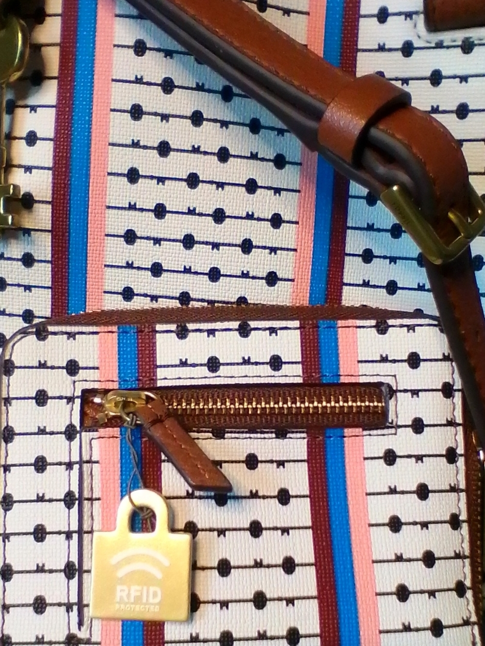 Fossil White Satchel with Brown Handles and Blue & Red Stripes - Picture 13 of 15